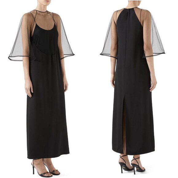 GUCCI DRESS BLACK VISCOSE SILK FAILLE MESH DETACHABLE SLIP sz IT 40 US 4 - Picture 3 of 15